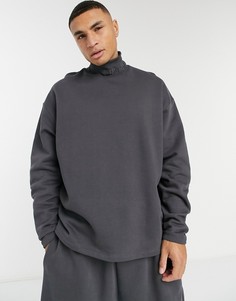 Oversized-свитшот из плотного трикотажа с высоким воротом с вышивкой и в рубчик (от комплекта) ASOS DESIGN-Черный цвет