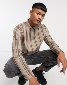 Поло с длинными рукавами в бежевую/коричневую полоску ASOS DESIGN-Коричневый цвет