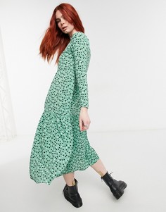 Зеленое ярусное свободное платье миди в горошек с длинными рукавами ASOS DESIGN-Многоцветный