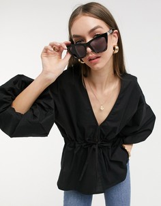 Черный хлопковый топ с V-образным вырезом и завязкой на талии ASOS DESIGN-Бесцветный