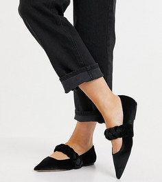 Черные бархатные балетки с острым носком и присборенным ремешком для широкой стопы ASOS DESIGN Wide Fit Liberty-Черный цвет