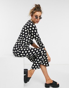 Черное платье-футболка в белый горошек с длинными рукавами ASOS DESIGN-Черный цвет