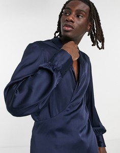 Атласная рубашка с запахом, шалевым воротником и пышными рукавами на манжетах ASOS DESIGN-Темно-синий