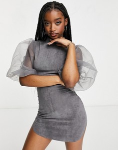 Серое платье из искусственной замши с рукавами из органзы AX Paris-Серый