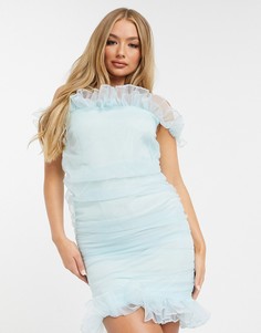 Светло-голубое платье мини без бретелек с оборками из органзы Club L-Голубой