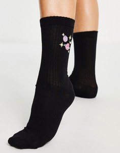 Черные носки до щиколотки в рубчик с вышивкой в виде планет ASOS DESIGN-Черный цвет