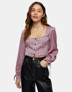 Розовая атласная блузка с принтом сердец Topshop-Розовый цвет