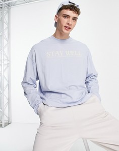 Голубой oversized-лонгслив с текстовым принтом спереди ASOS DESIGN