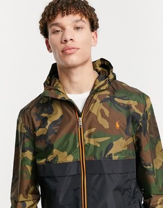 Черная куртка-дождевик с зеленым камуфляжным принтом и логотипом-игроком Polo Ralph Lauren-Зеленый цвет