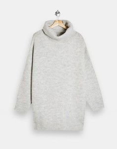 Трикотажное платье-джемпер серого меланжевого цвета в стиле oversized с подворачивающимся воротником Topshop-Коричневый цвет