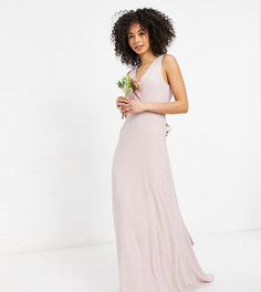 Серовато-бежевое платье макси для подружки невесты с глубоким вырезом и бантом на спине TFNC Tall-Розовый цвет