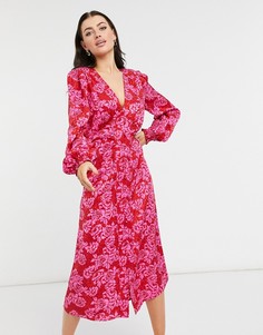 Розовое платье миди с подплечниками и цветочным принтом River Island-Розовый цвет