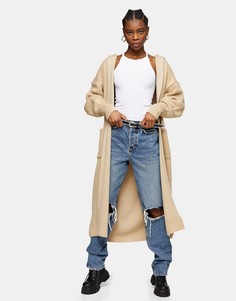 Бежевый удлиненный кардиган с капюшоном Topshop