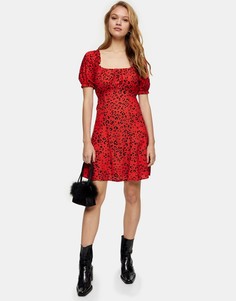 Красное платье мини с присборенным лифом и леопардовым принтом Topshop-Красный