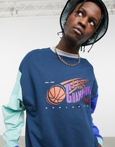 Однотонный синий oversized-свитшот в стиле колор блок с принтом на груди в университетском стиле из органического хлопка ASOS DESIGN-Темно-синий