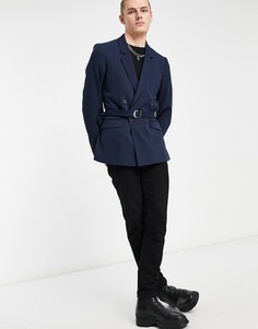 Темно-синий блейзер супероблегающего кроя с поясом ASOS DESIGN