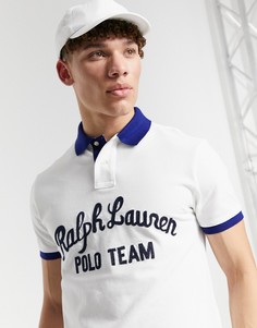 Белая футболка-поло из пике с контрастным воротником и рукописным логотипом Polo Ralph Lauren-Белый