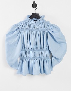 Голубой поплиновый топ с оборками и объемными рукавами Vero Moda
