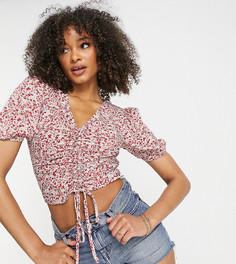 Красный присборенный кроп-топ с объемными рукавами и цветочным принтом Missguided
