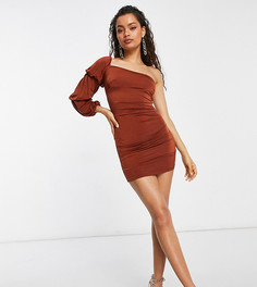 Рыжее мягкое платье мини на одно плечо с трехярусным рукавом ASOS DESIGN Petite-Коричневый цвет