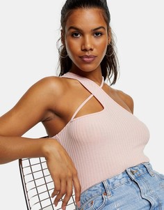 Розовый топ в рубчик с перекрестными лямками Topshop-Розовый цвет