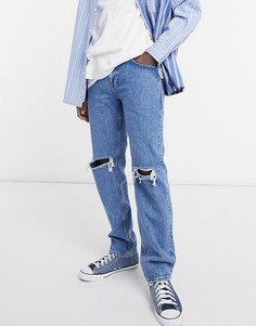 Средне-выбеленные джинсы нестандартного кроя с рваной отделкой колен ASOS DESIGN-Голубой