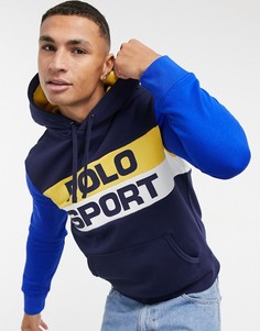 Темно-синий флисовый худи в стиле колор блок крупным логотипом Polo Ralph Lauren Sport Capsule