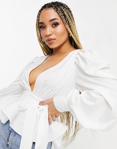 Белая блузка с глубоким вырезом и пышными рукавами Missguided-Белый
