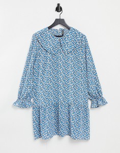 Голубое свободное платье мини с большим воротником и мелким цветочным принтом Pieces-Многоцветный