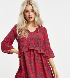 Красное свободное платье с оборками и абстрактным принтом Vero Moda Petite-Многоцветный
