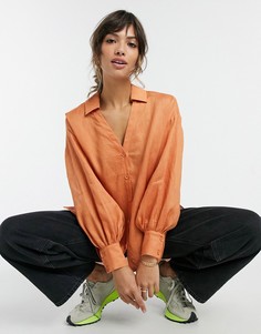 Терракотовая oversized-рубашка из органического льна с разрезами по бокам Aligne-Коричневый цвет