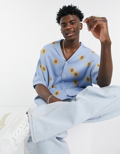 Трикотажное синее поло на пуговицах с цветочным принтом ASOS DESIGN-Голубой