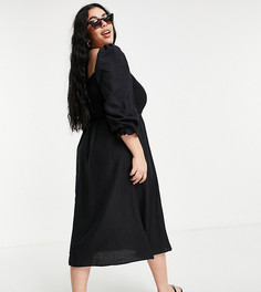 Черное присборенное платье миди из фактурной ткани New Look Curve-Черный цвет