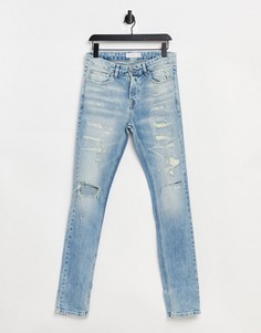 Выбеленные зауженные джинсы со рваной отделкой Topman-Голубой