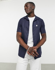 Темно-синяя рубашка из ткани с добавлением льна с короткими рукавами и отложным воротником с лацканами Le Breve-Голубой