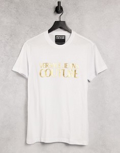 Белая футболка с золотистым логотипом на груди Versace Jeans Couture-Белый
