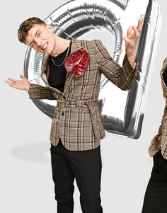Бежевый зауженный пиджак в клетку с поясом ASOS DESIGN-Нейтральный