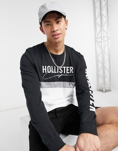 Лонгслив в стиле колор блок черного и серого цвета с логотипом Hollister-Черный цвет