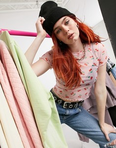 Сетчатый топ с короткими рукавами, круглым вырезом и принтом вишенок ASOS DESIGN-Розовый цвет