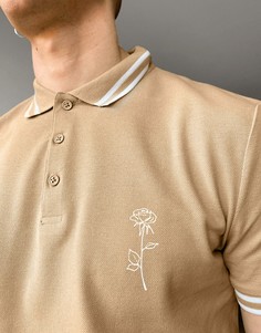 Бежевая футболка-поло из пике с вышивкой в виде розы ASOS DESIGN-Нейтральный
