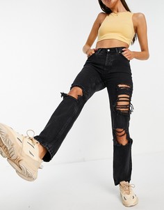 Выбеленные черные джинсы из органического хлопка прямого кроя со стандартной талией с большими рваными разрезами в стиле 90-х ASOS DESIGN-Черный цвет