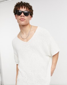 Кремовая фактурная oversized-футболка с V-образным вырезом ASOS DESIGN-Нейтральный