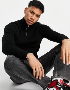 Черный обтягивающий джемпер в рубчик с воротом на молнии ASOS DESIGN-Черный цвет