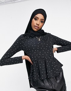Однотонный приталенный топ с баской в горошек ASOS DESIGN-Черный цвет