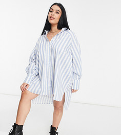 Платье-рубашка в стиле oversized в синюю полоску с объемными рукавами Threadbare Plus Size-Голубой