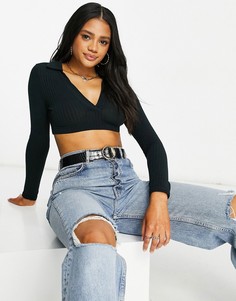 Черное приталенное поло в рубчик очень короткого кроя ASOS DESIGN-Черный