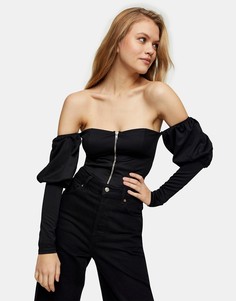 Черный топ из ткани понте в стиле бардо с застежкой-молнией Topshop-Коричневый цвет