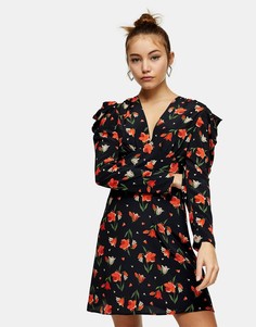 Разноцветное платье мини сборками на талии и принтом тюльпанов Topshop-Многоцветный