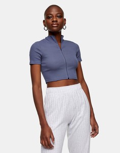 Голубой топ с воротником-стойкой на молнии Topshop