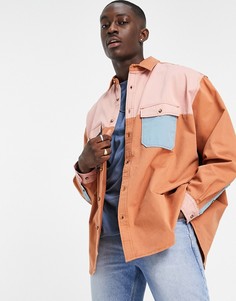 Саржевая широкая рубашка oversized в стиле колор блок ASOS DESIGN-Коричневый цвет